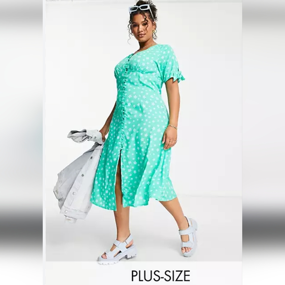 Wednesday's Girl v-neck midi tea dress in green floral